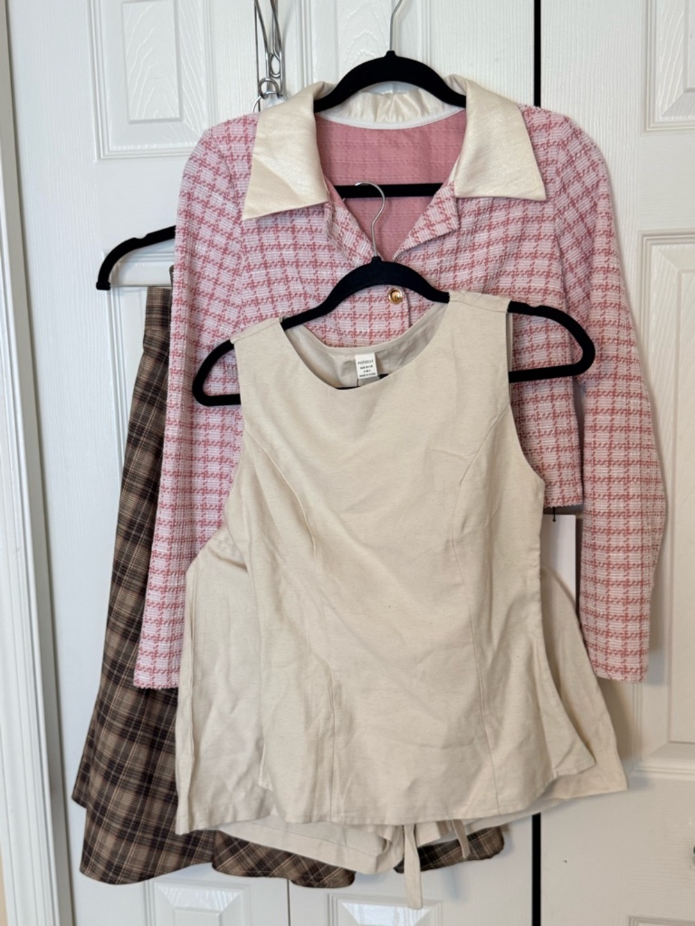 Cream Sleeveless Peplum Top/ shorts set, pink Tweed Jacket and Plaid long skirt.
